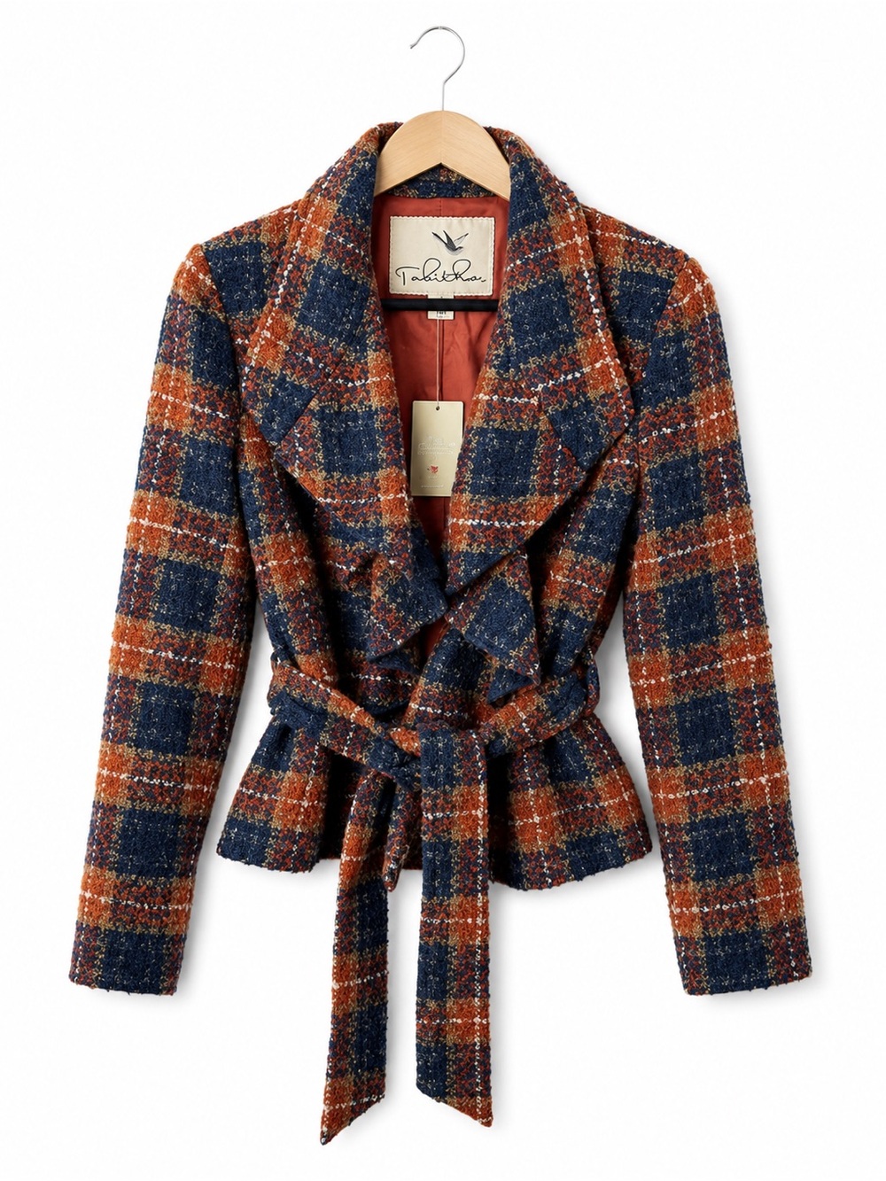 Tabitha Wool Blend Plaid Tie Waist Blazer Jacket Navy Rust Orange Size 6 NWT